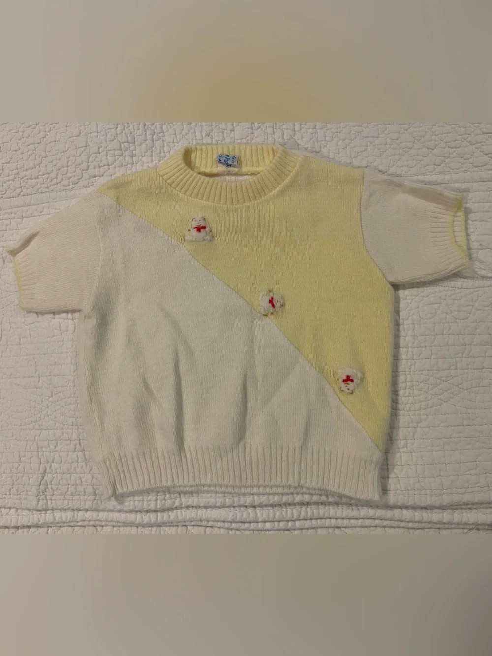 Vintage Carson Pirie Scott & England White Yellow Baby Sweater Bears Embroidery